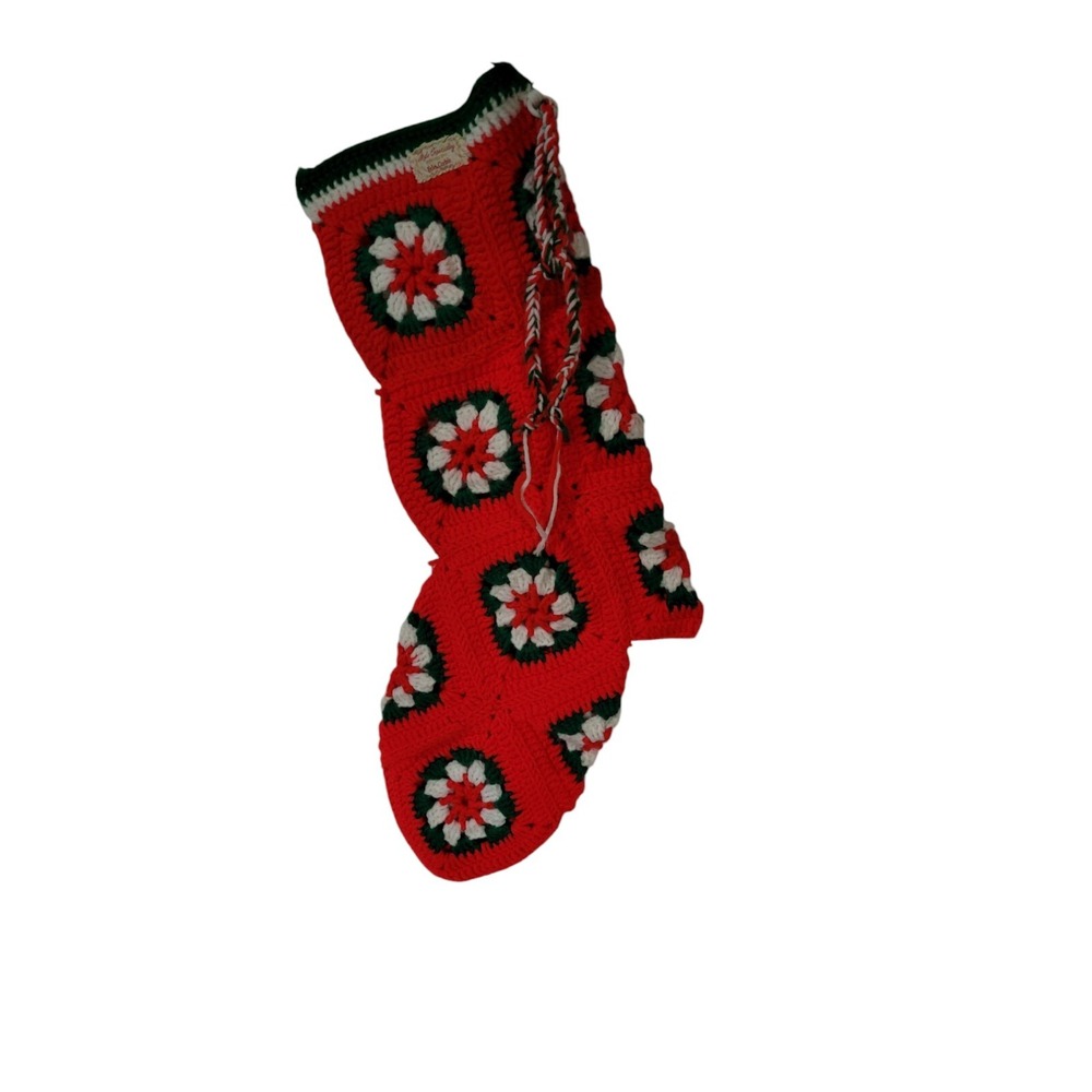 Vintage Crochet Granny Square Christmas Holiday Stocking White Red Green 19"